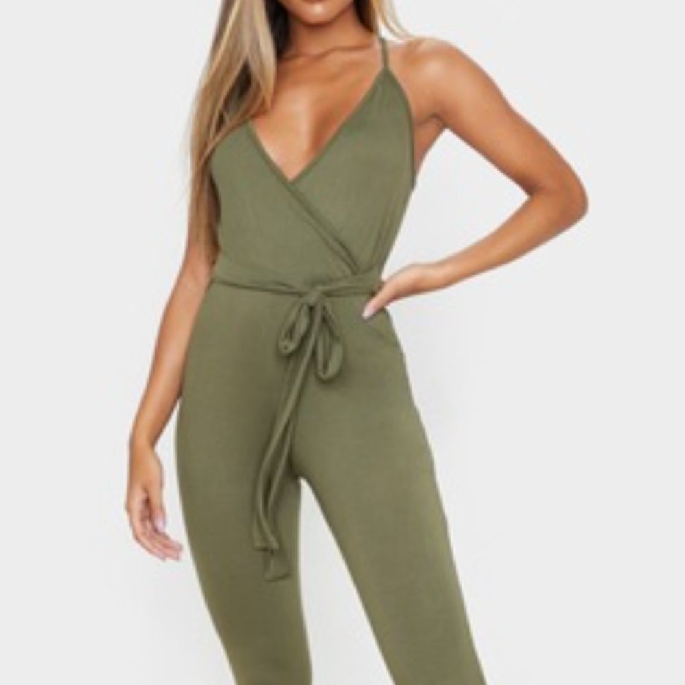 BNWT PRETTYLITTLETHING Khaki Strappy Jersey Wrap Tie Waist Jumpsuit SZ …